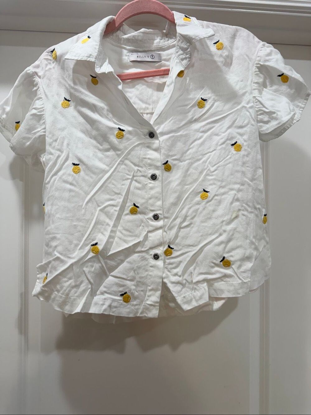Billy T White Citrus Lemon Print Button Down Shirt Roll Tab Sleeves Size M